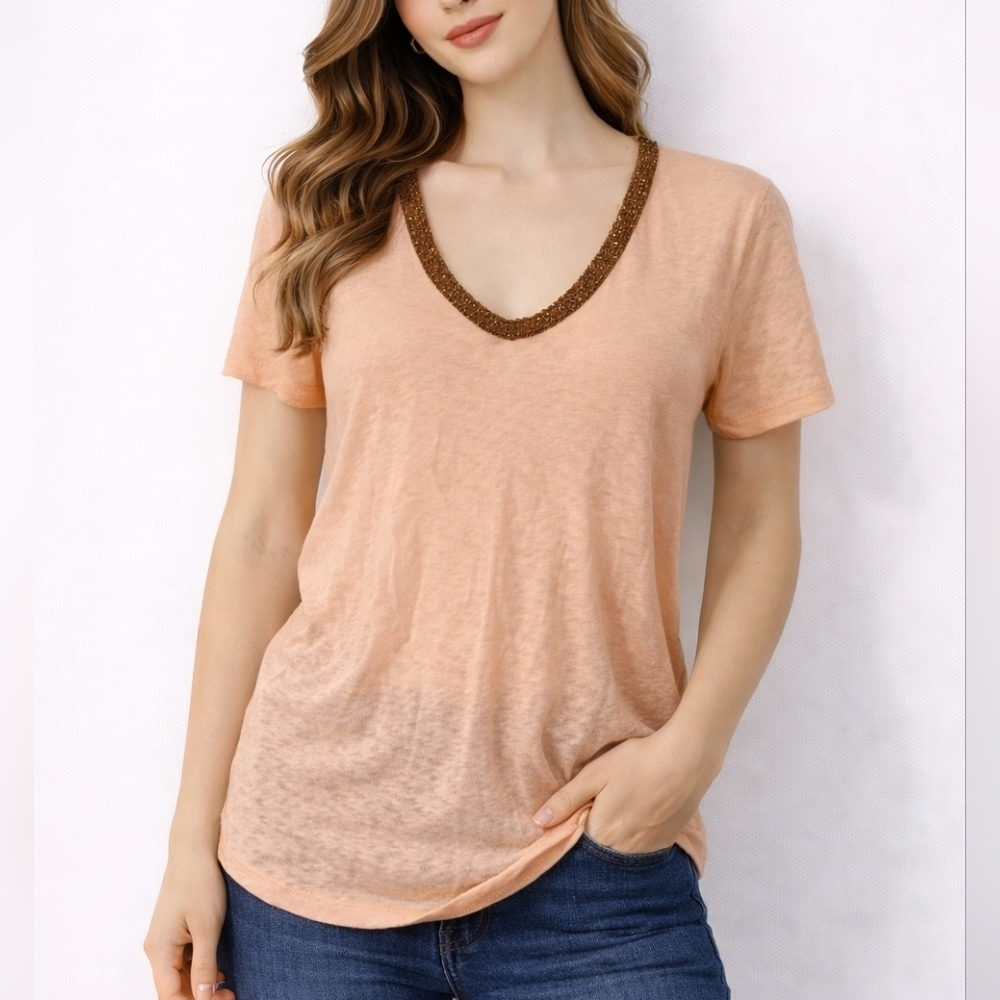 J. Crew Peach Bronze Beaded V-Neck  Short Sleeve Tee